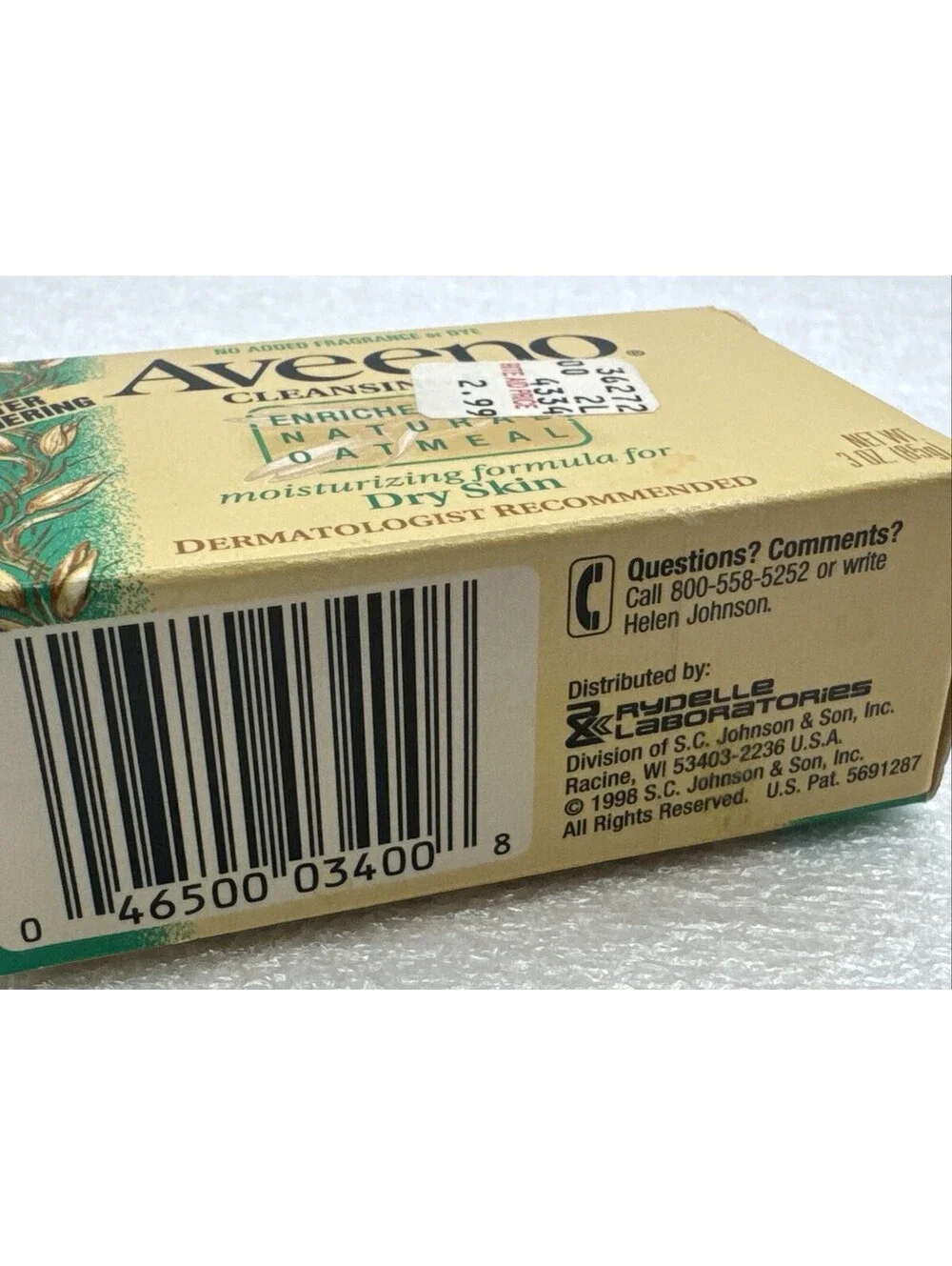 Vintage 1998 Aveeno Enriched Natural Oatmeal Bar Dry Skin Soap 3oz Moisturizing